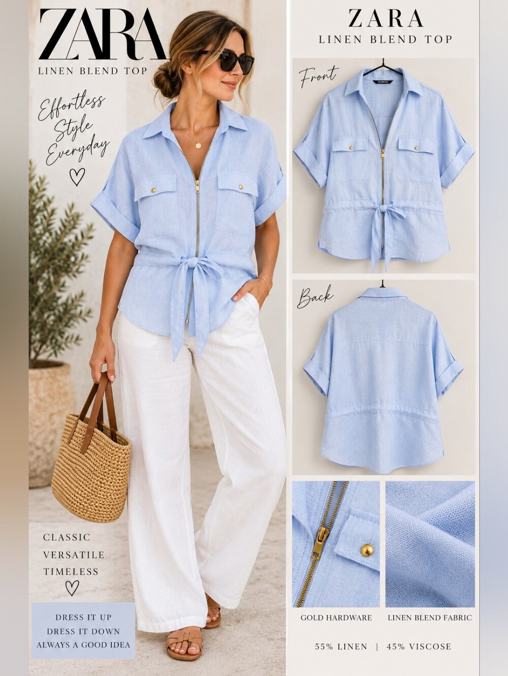 Zara Light Blue Linen Blend Utility Zip Top XS Oversized